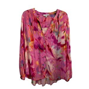 Liverpool Los Angeles Watercolor Fuchsia Shirred Long Sleeve Chiffon Button-Up T